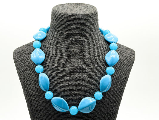 Blue Ceramic Glass Statement Necklace Sky Blue Toggle Clasp 20.5” Summer