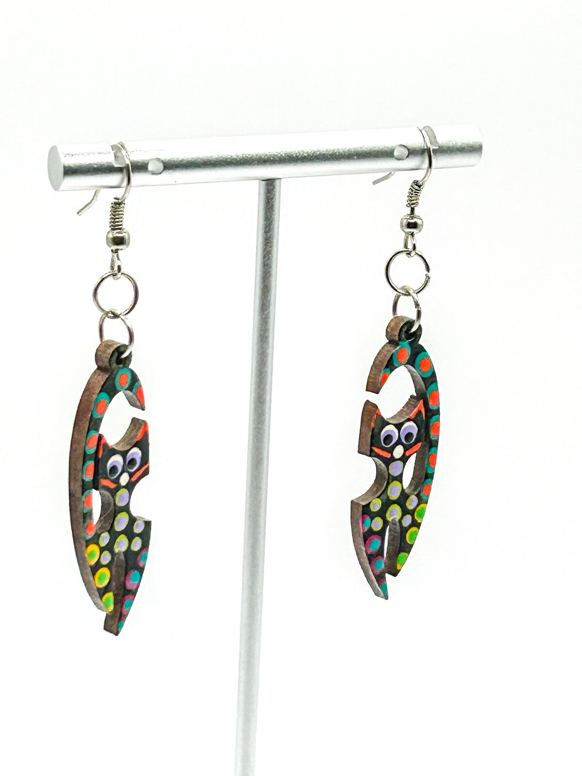 Hand Painted Wooden Cat Earrings Colourful Folk Art Dangle Quirky Felines