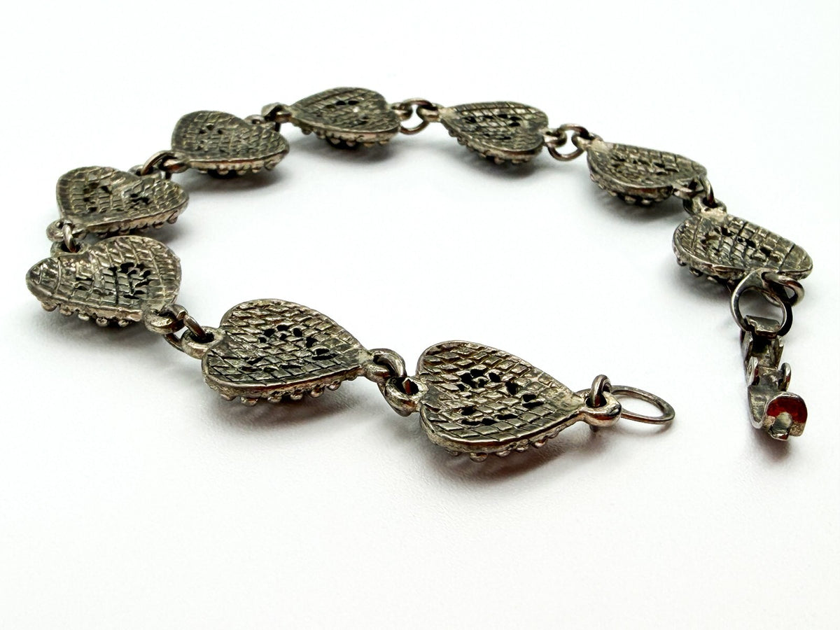 Vintage Abalone Shell Ornate Love Heart Panel Link Bracelet Silver Tone 7”