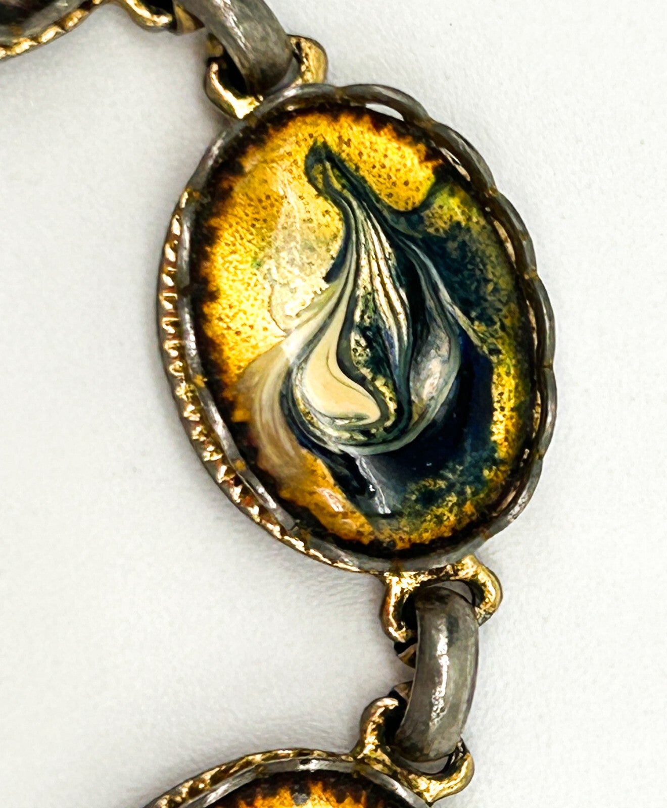 Vintage Enamel Panel Bracelet Gold Blue White Marbled Swirl Oval Bracelet 7.5”