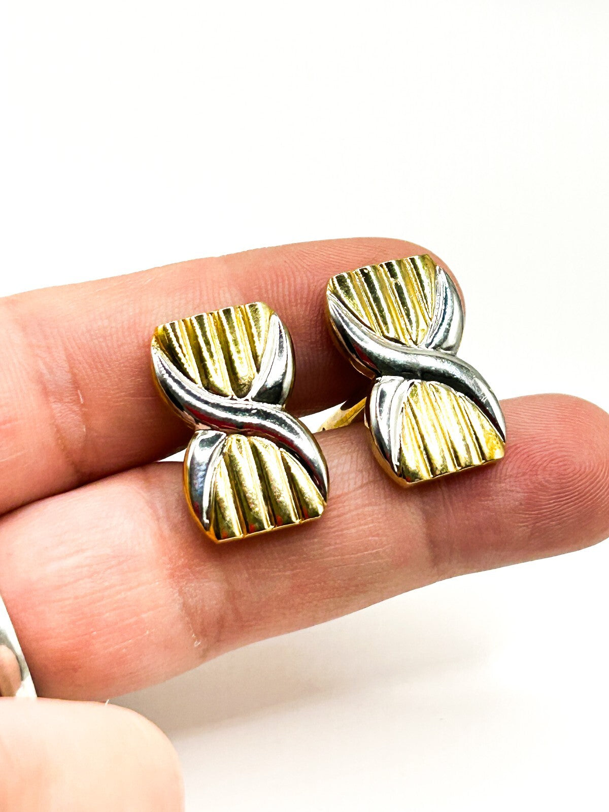 Vintage Two Tone Gold Silver Cufflinks Ridged Geometric Abstract Bullet Back