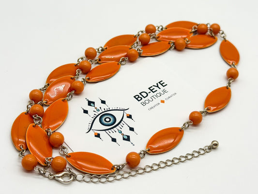 Retro Long Orange Acrylic Link Necklace Marquise Beads Silver Tone 31.5”