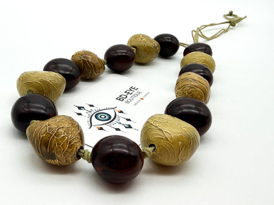 Kukui Nut Statement Necklace Brown Yellow Hand Knotted Adjustable Natural