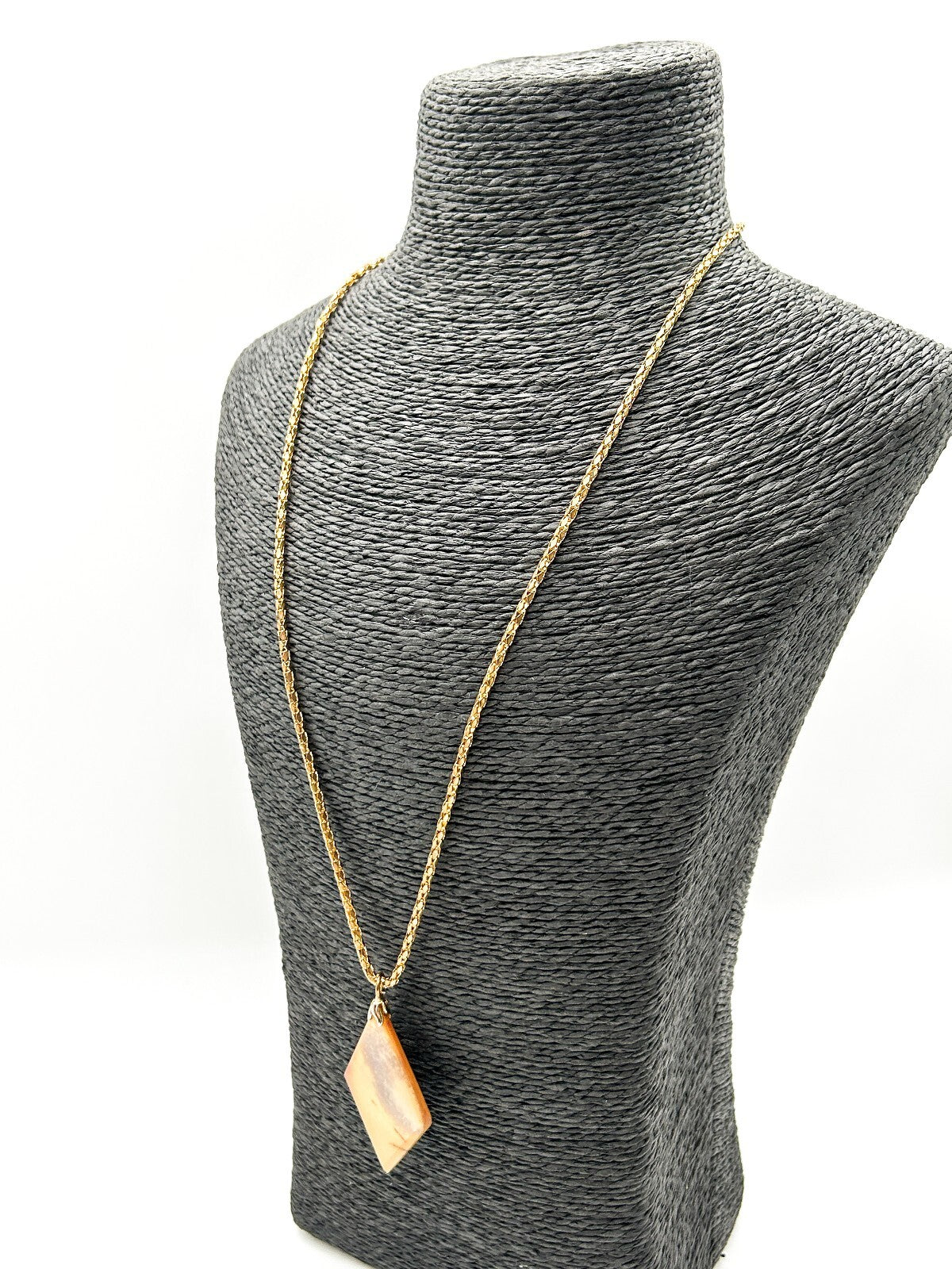 Vintage Polished Jasper Pendant Necklace Gold Tone Chain Natural Stone 25”