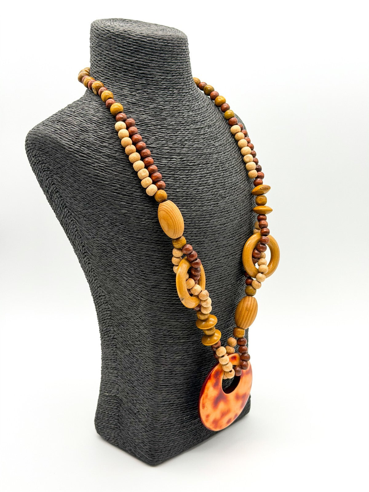 Boho Wood & Resin Statement Necklace Large Disc Pendant Natural Wooden Beads