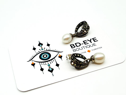 925 Sterling Silver Marcasite Pearl Drop Stud Earrings Vintage Art Nouveau Style