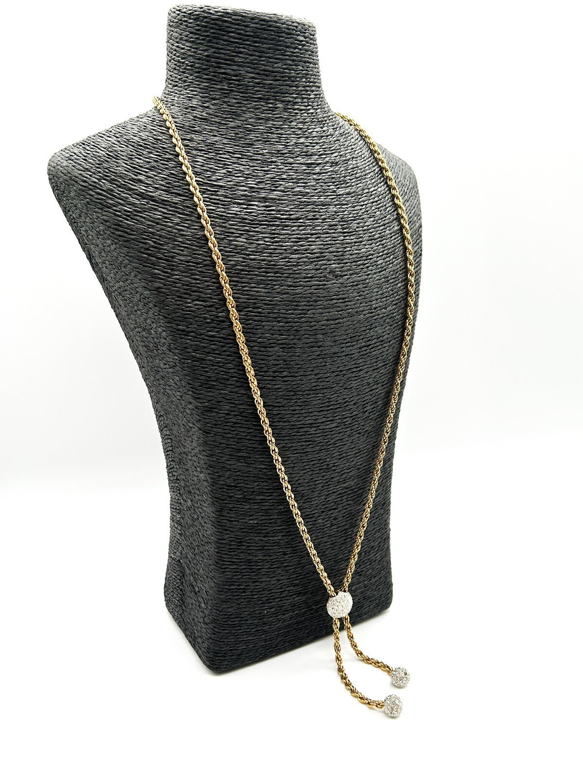 Vintage Gold Tone Rhinestone Bolo Necklace Twisted Rope Chain Adjustable Tassel