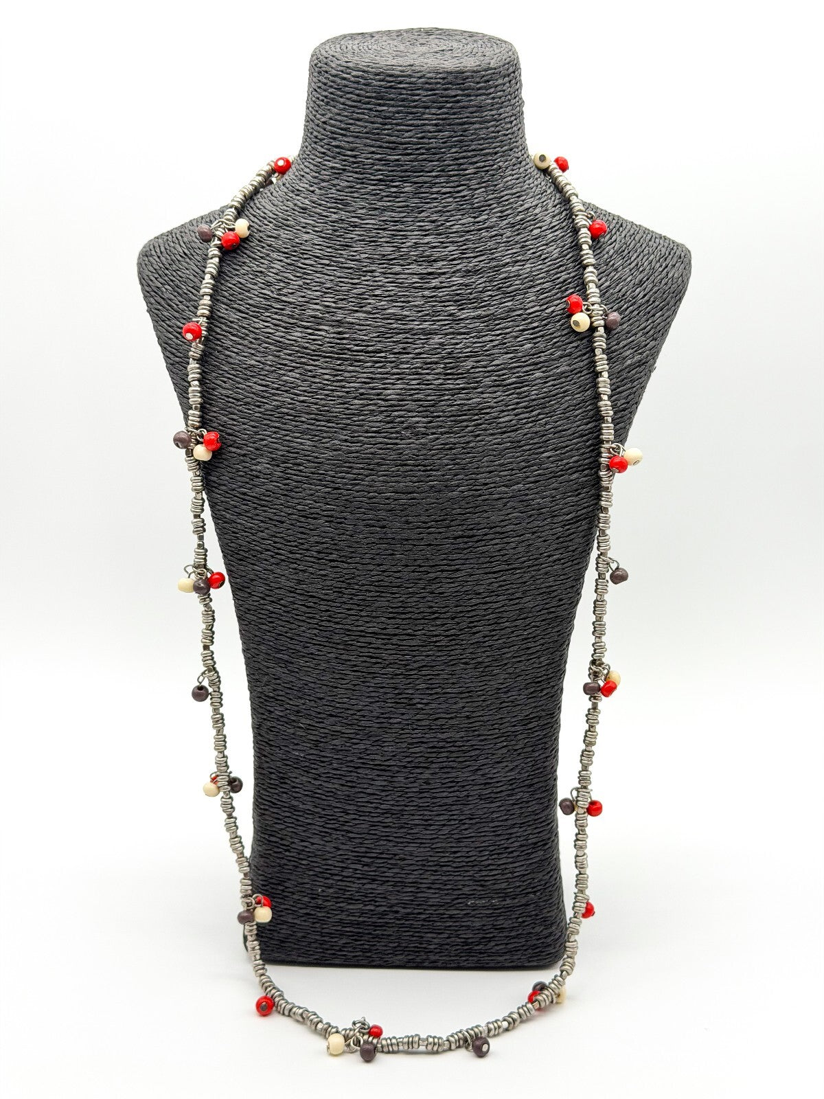 Long Silver Tone Spacer Bead Necklace Red Wood Beads Boho 36” Strand