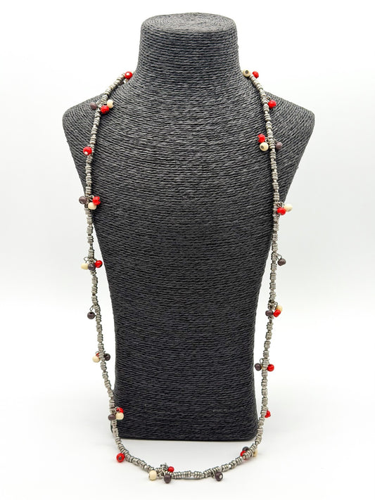 Long Silver Tone Spacer Bead Necklace Red Wood Beads Boho 36” Strand