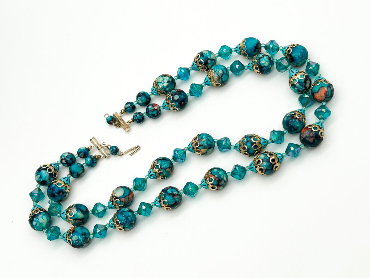 Vintage Hong Kong Double Strand Turquoise Marble Bead Necklace Blue Statement