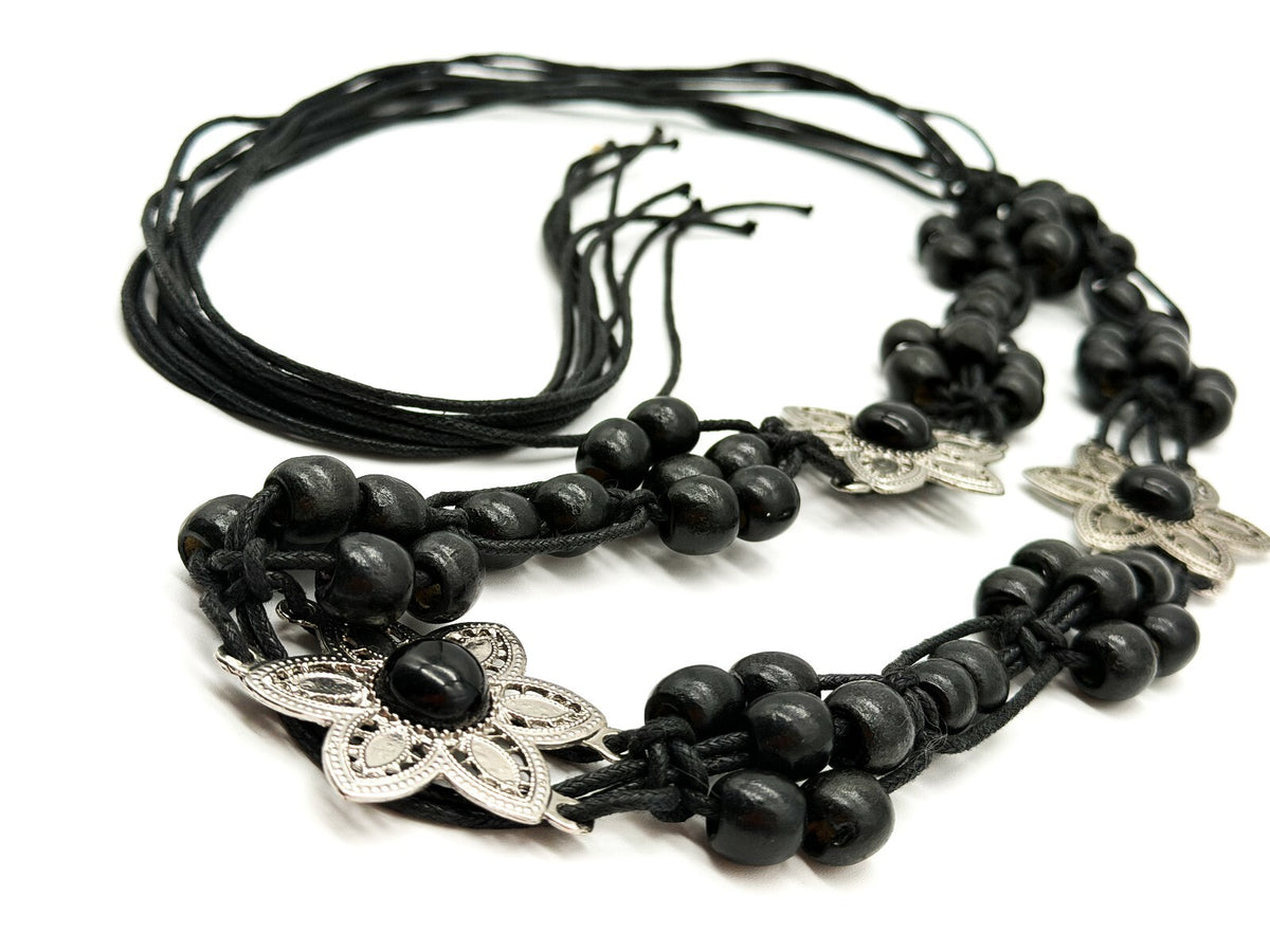 Vintage Black Wooden Bead Tie Belt Multi Strand Boho Floral Silver Tone
