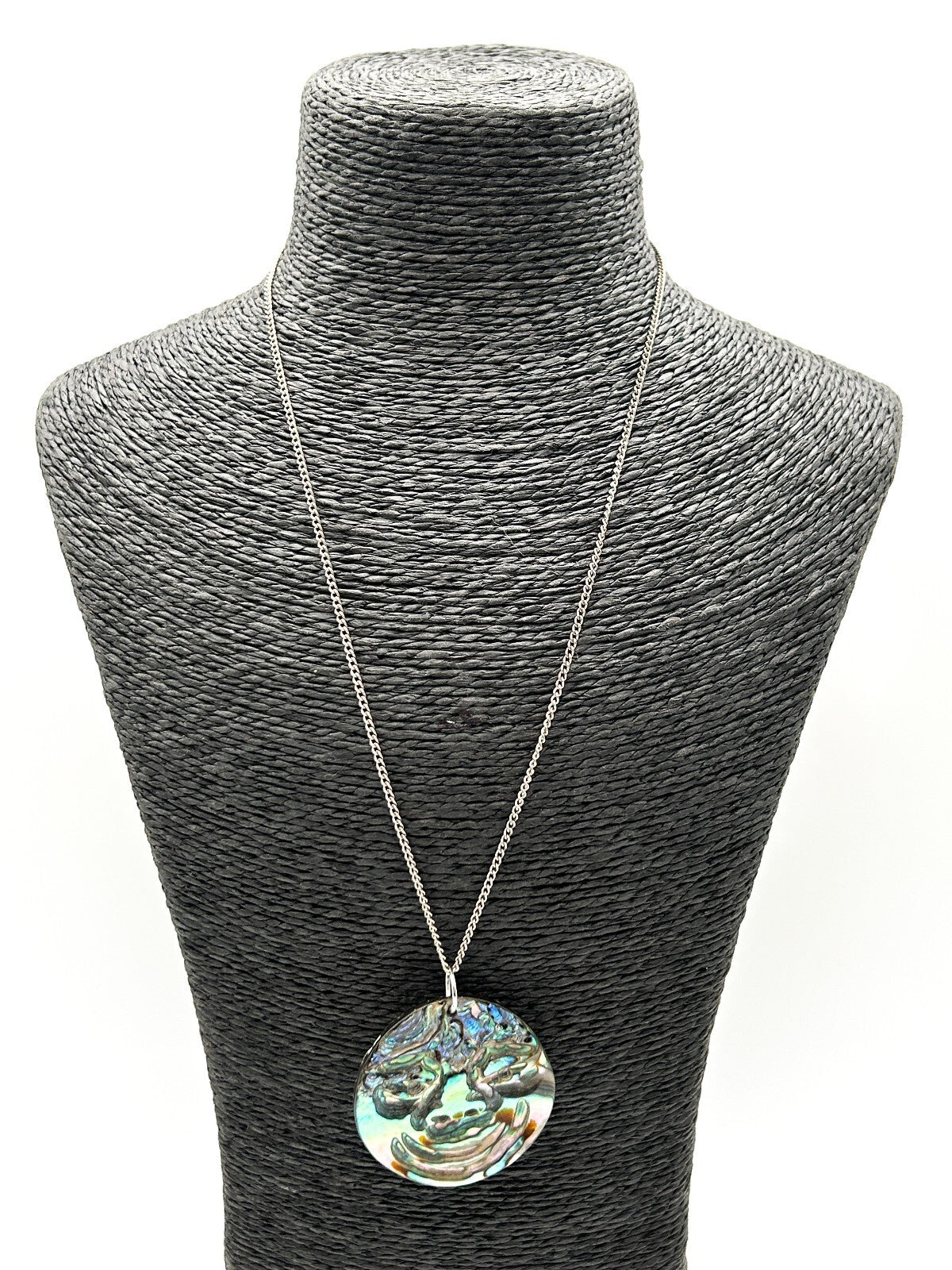 Carved Natural Paua Abalone Shell Face Pendant Necklace Iridescent Statement