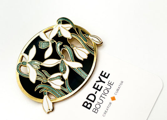 Vintage Fish & Crown Cloisonné Enamel White Floral Snowdrop Brooch Gold Tone Pin