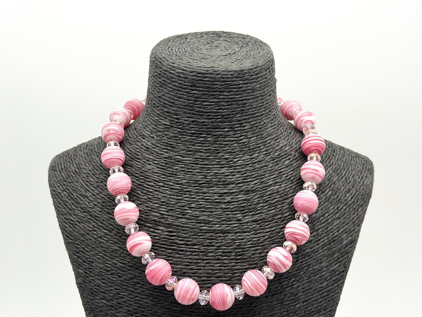 Pink Swirl Art Glass Bead Necklace Crystal Spacer Statement Toggle 18.5”