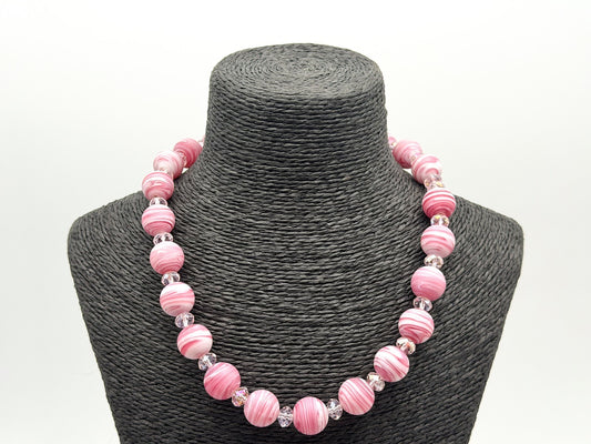 Pink Swirl Art Glass Bead Necklace Crystal Spacer Statement Toggle 18.5”