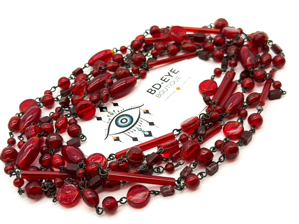 Vintage Red Glass Tube Disc & Oval Bead Necklace Long Layering Continuous Strand