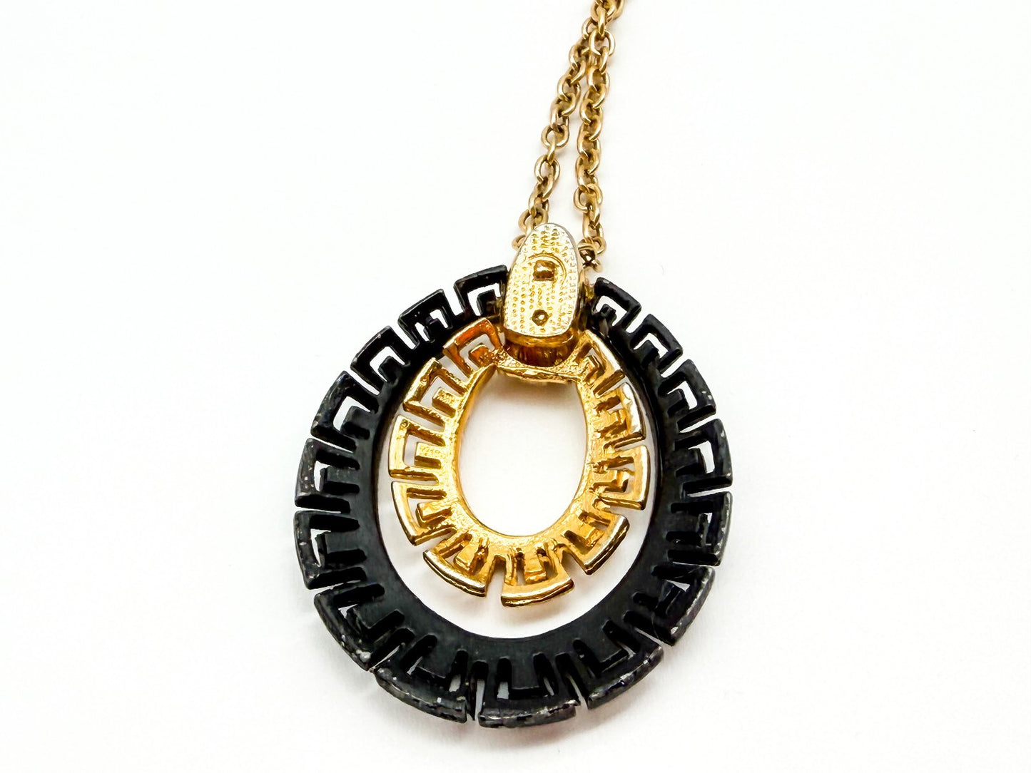 Vintage Black Gold Tone Greek Key Statement Necklace Oval Pendant 17” Geometric