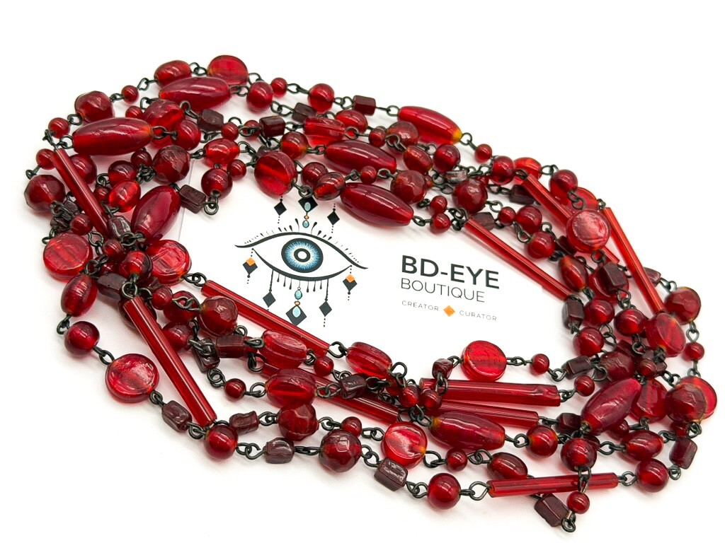 Vintage Red Glass Tube Disc & Oval Bead Necklace Long Layering Continuous Strand