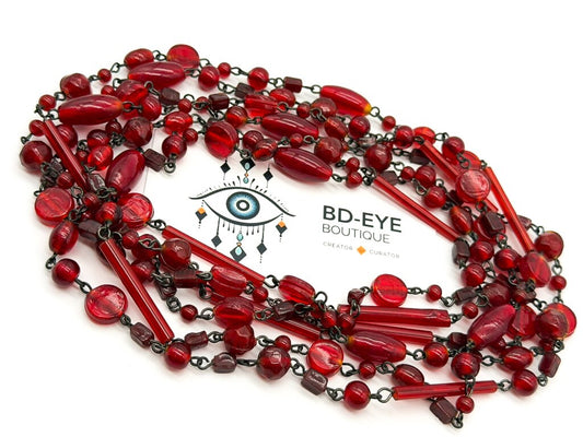 Vintage Red Glass Tube Disc & Oval Bead Necklace Long Layering Continuous Strand