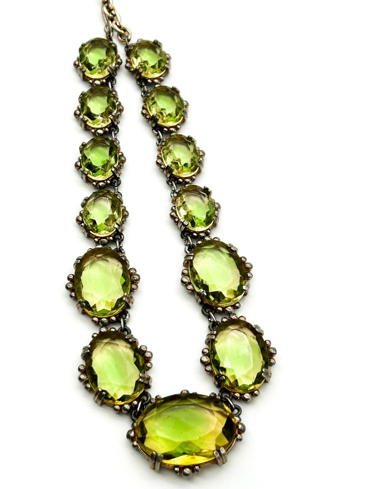Vintage Lime Green Yellow Faceted Glass Statement Necklace Prong Oval Crystal