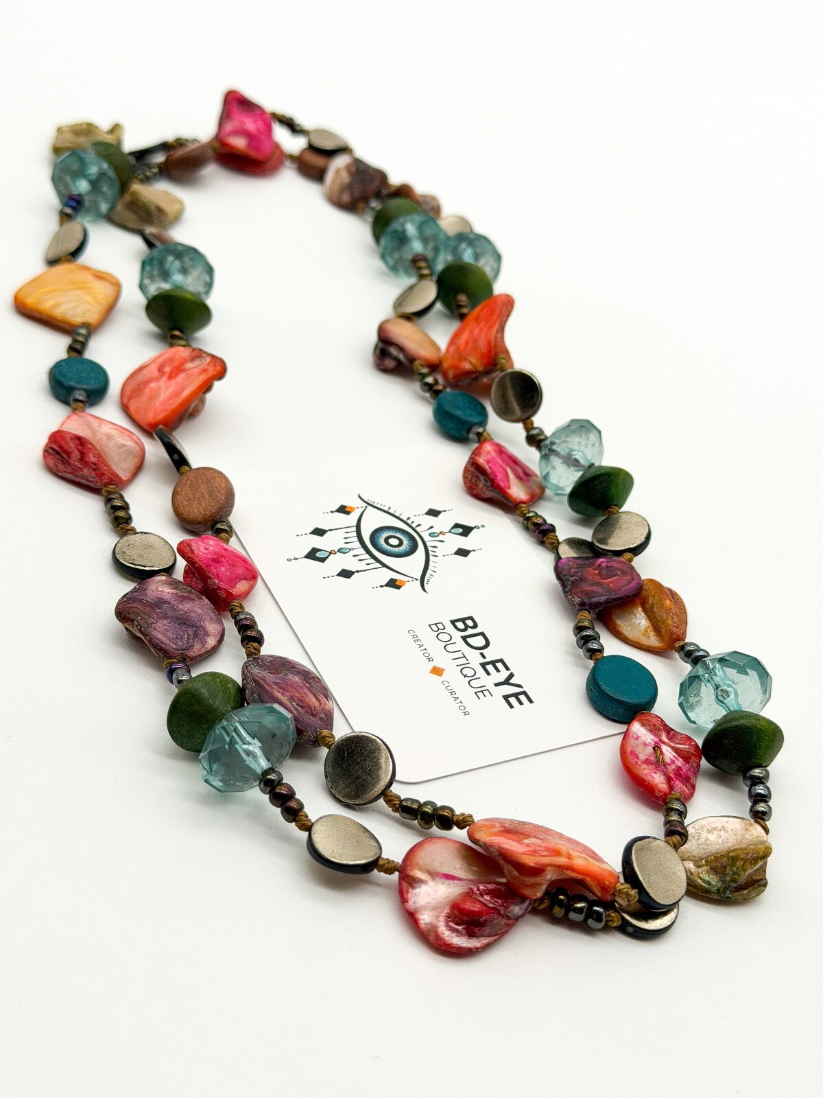Boho Long Hand Knotted Shell Wood Acrylic Bead Statement Necklace Multicolour