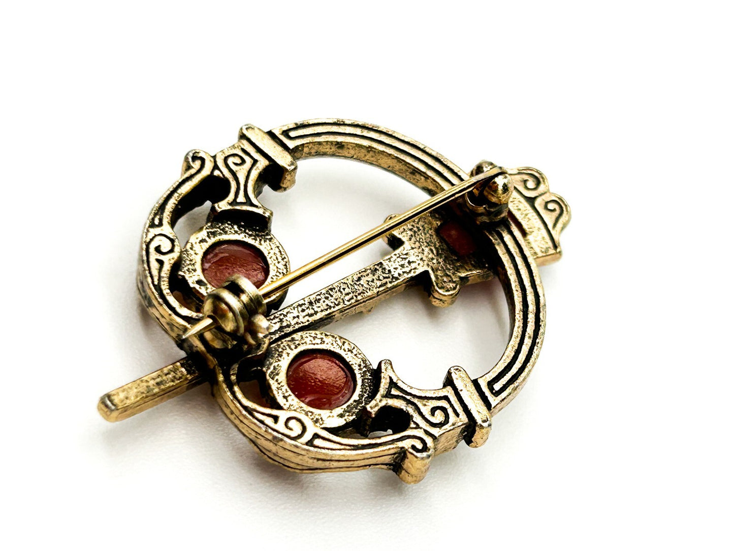 Vintage Celtic Penannular Brooch Faux Carnelian Glass Gold Tone Scarf Pin