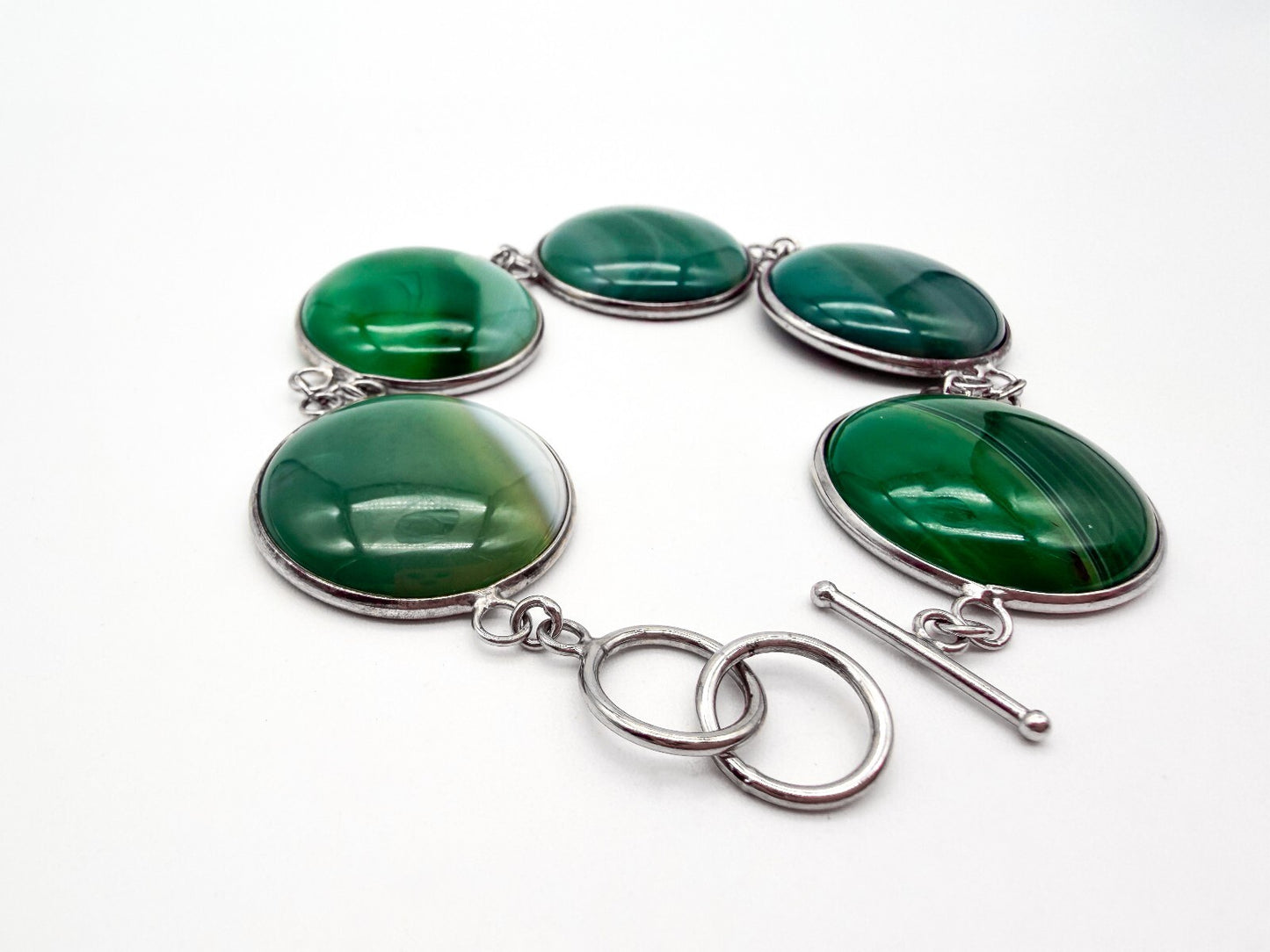 925 Sterling Silver Plated Green Agate Link Bracelet Open Bezel Gemstone Toggle