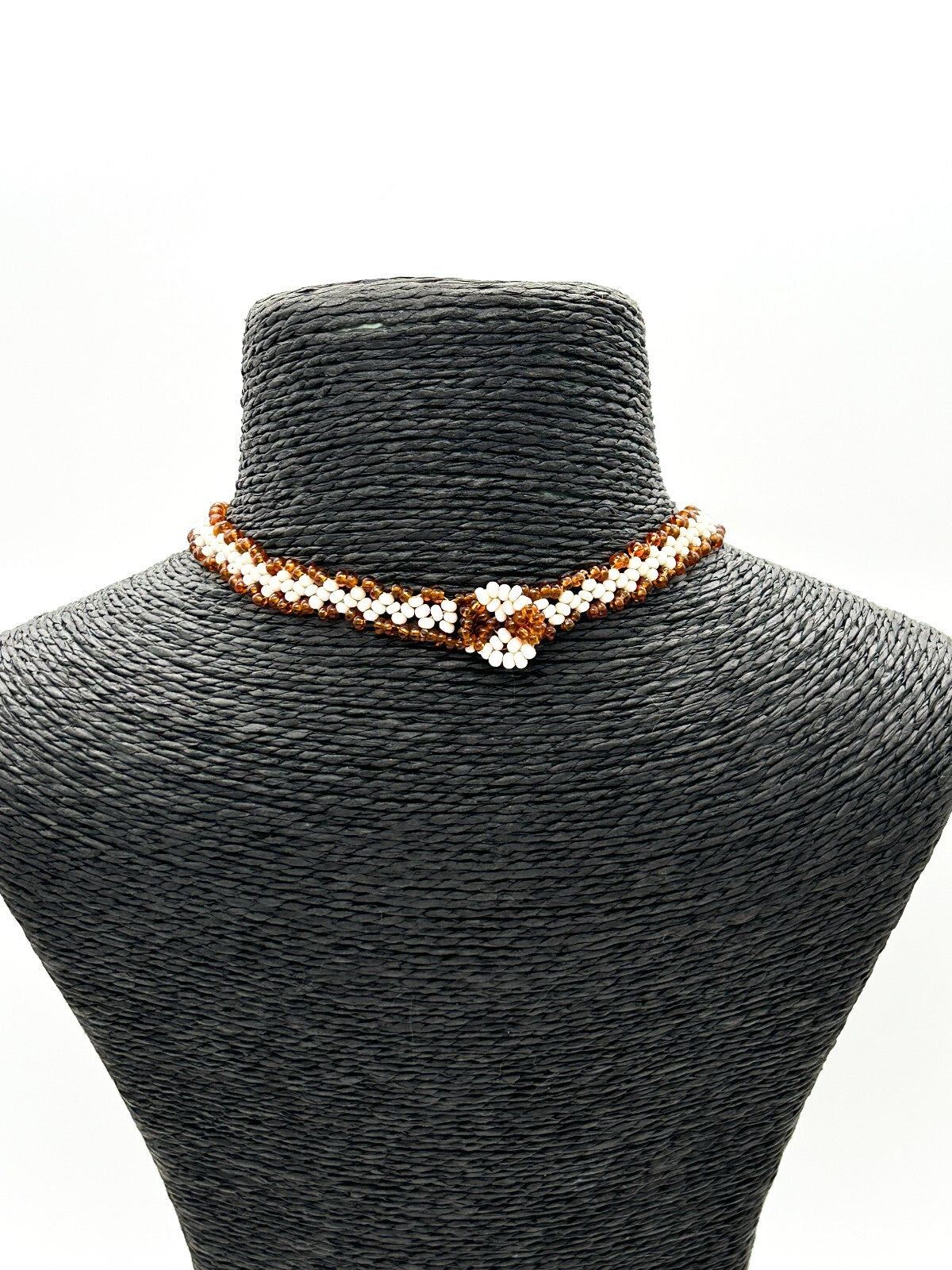 Vintage Handmade Artisan Flower Glass Bead Floral Bib Necklace Orange White