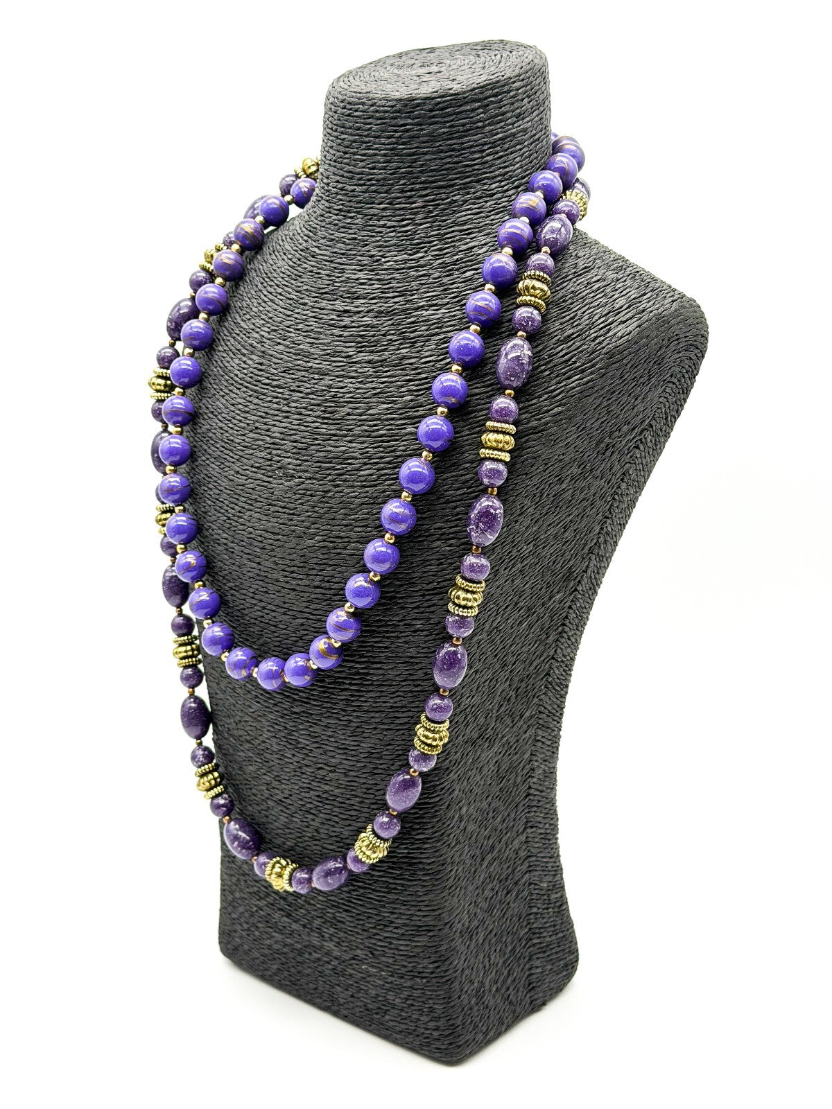 Vintage Purple Marbled Acrylic Bead Necklaces Gold Swirl Beads Necklace Duo