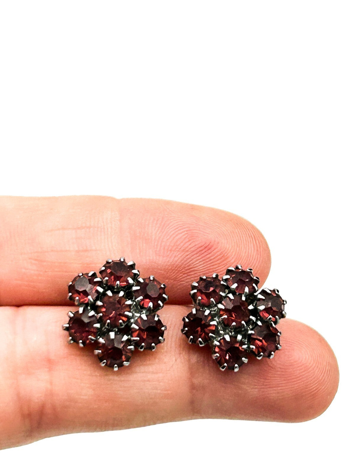 Vintage Clip On Rhinestone Earrings Bundle Blue Clear Pink Red Flower Cluster