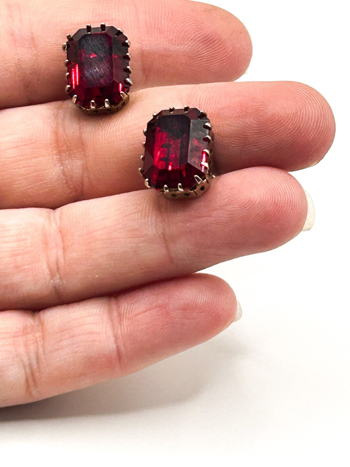 Vintage Ruby Red Faceted Glass Gold Tone Cufflinks PAT APP Prong Set 1950s 60s