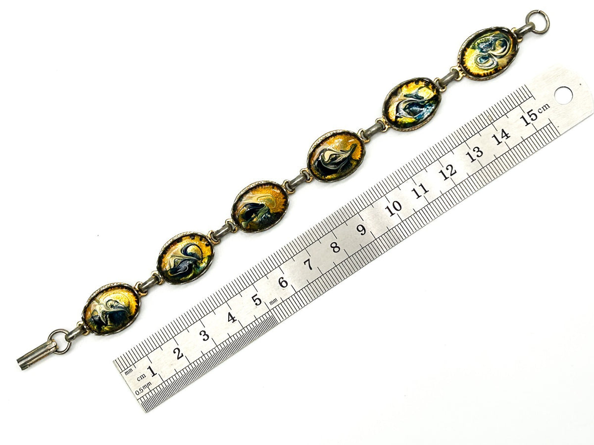 Vintage Enamel Panel Bracelet Gold Blue White Marbled Swirl Oval Bracelet 7.5”