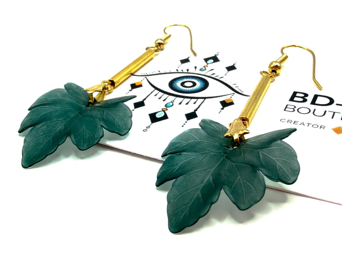 Teal Green Leaf Drop Earrings Gold Tone Vintage Deadstock Handmade Originals