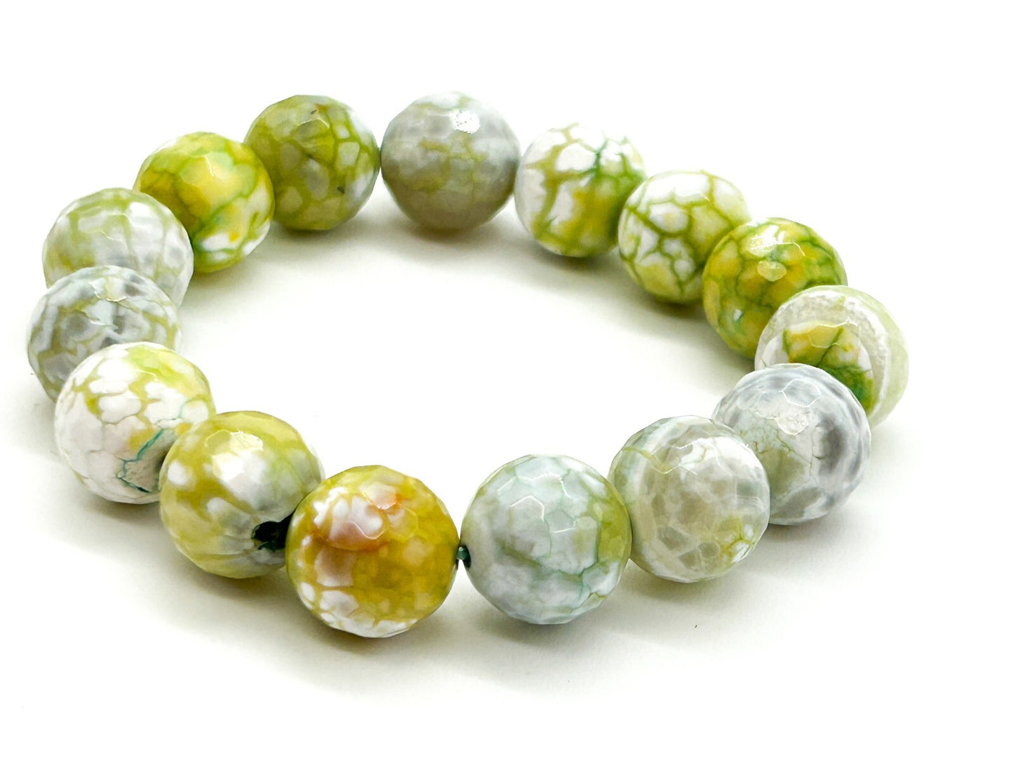 Lime Green White Crackle Agate Stretch Bracelet Faceted Gemstone Bead Summer