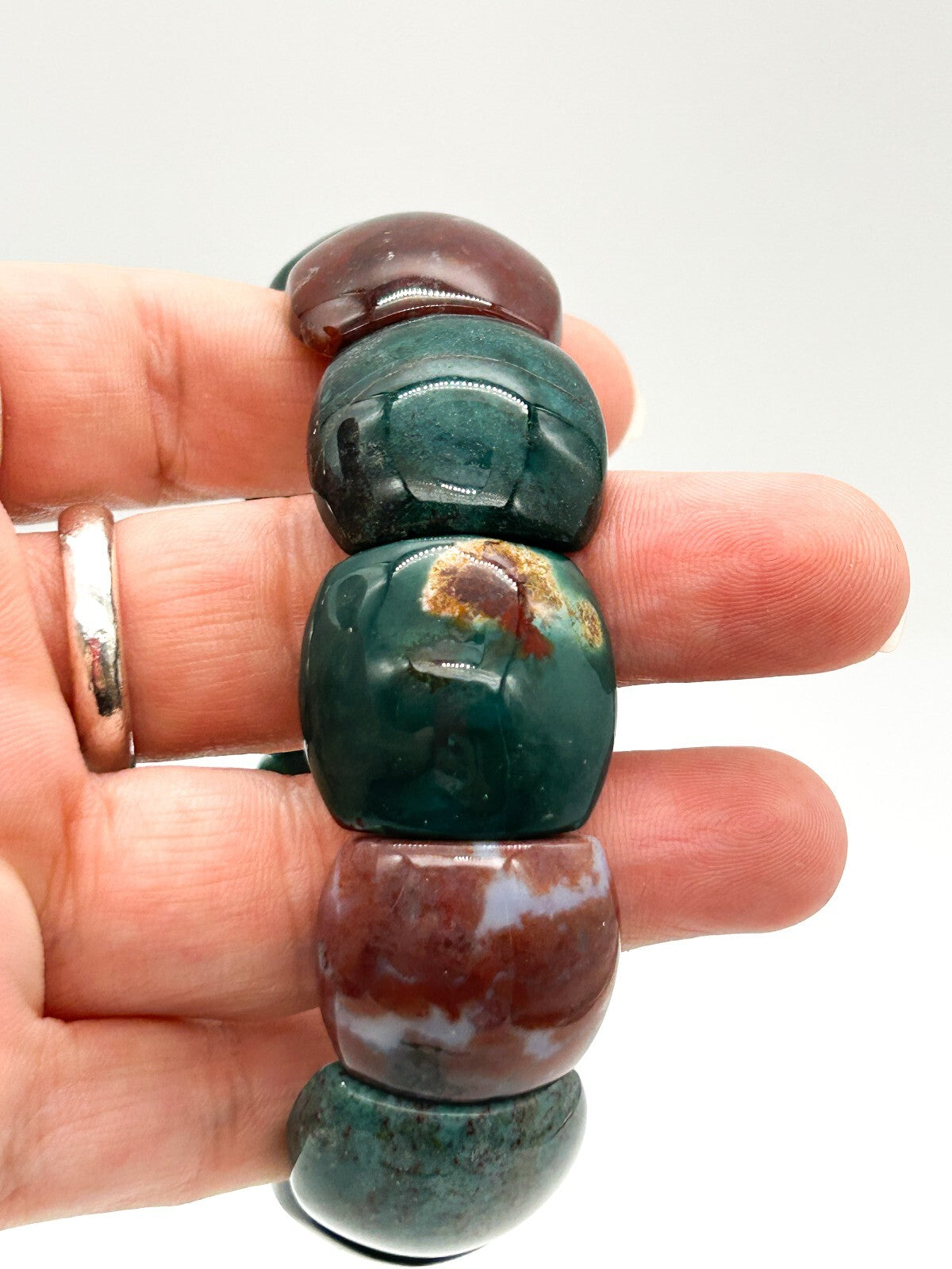 Chunky Bloodstone Jasper Stretch Bracelet Green Red Gemstone Elastic Bracelet