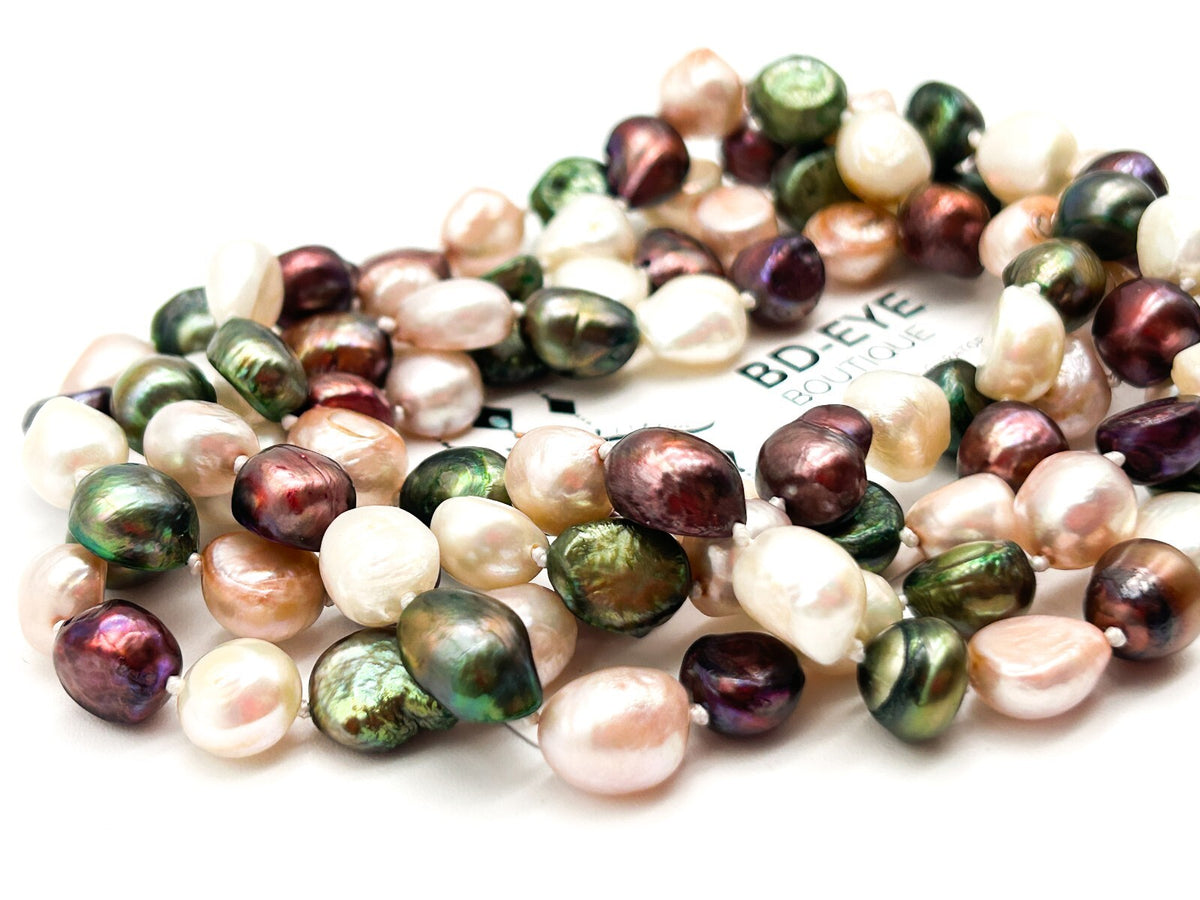 Vintage Hand Knotted Cultured Freshwater Pearl Necklace Multicolour Baroque 23”