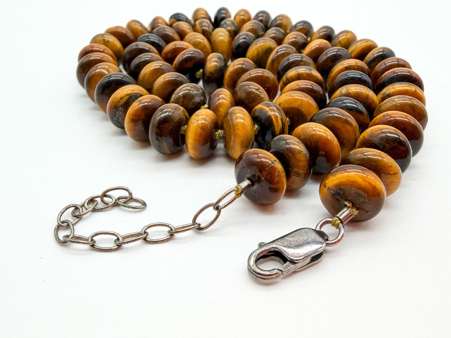 Tiger Eye Disc Bead Necklace Hand Knotted 925 Sterling Silver Clasp Boho 20" 66g