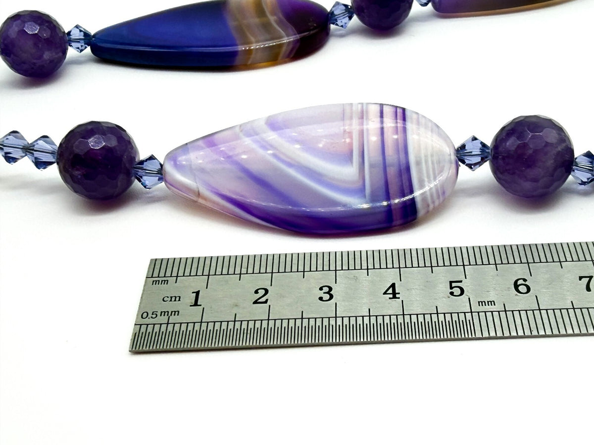 Chunky Amethyst & Purple Banded Agate Gemstone Necklace Faceted Crystal Beads