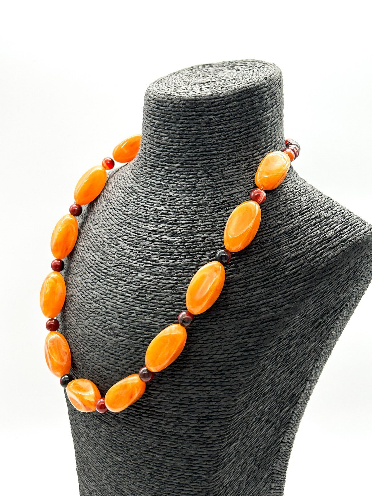 Orange Lucite Banded Agate Beaded Necklace Chunky Boho Statement 21.5”