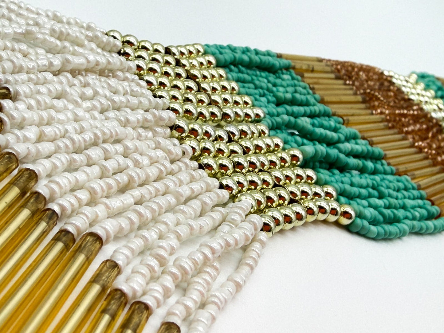 Boho Multi Strand Turquoise White Beaded Necklace Gold Tone Statement Festival