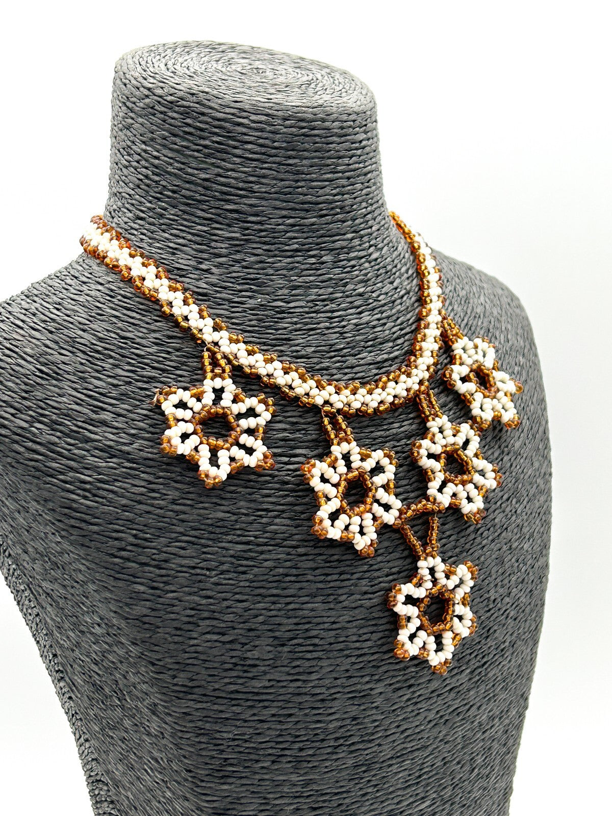 Vintage Handmade Artisan Flower Glass Bead Floral Bib Necklace Orange White
