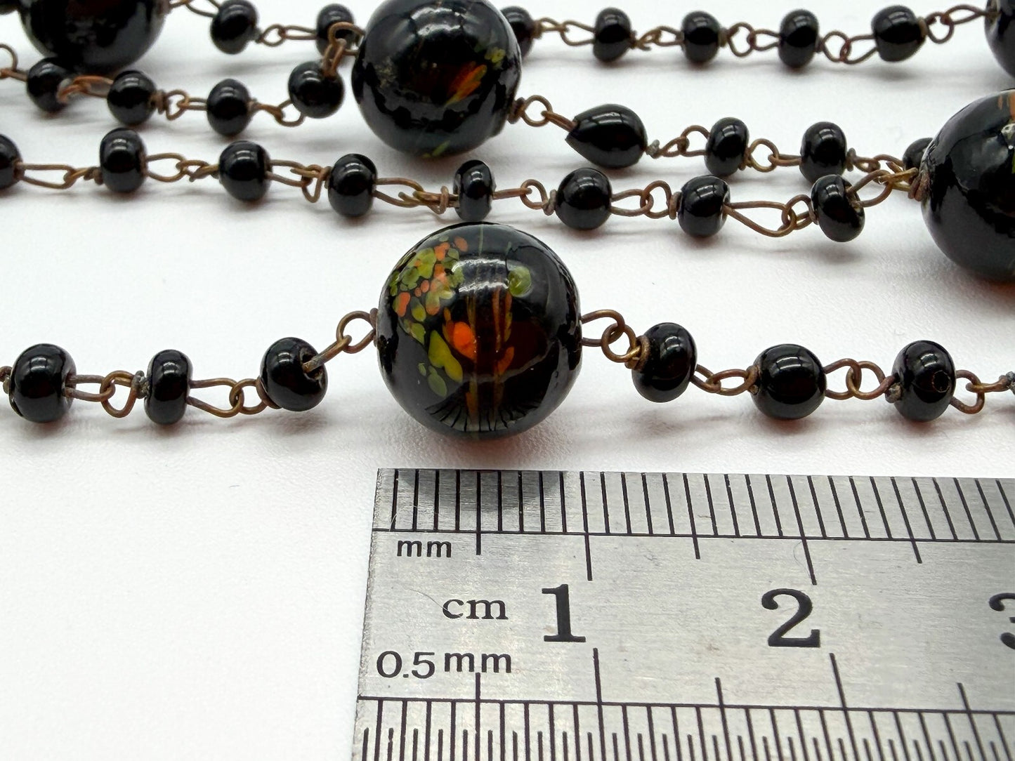 Vintage Murano Art Glass Flapper Necklace Black Orange Green Swirl Beads 26.5”