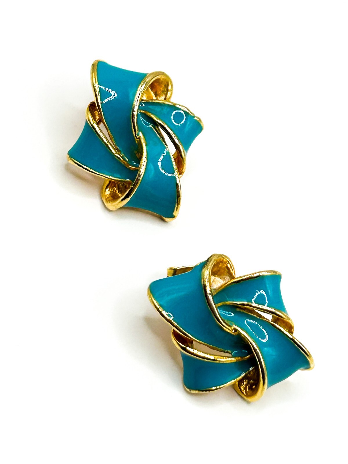 Vintage Blue Enamel Ribbon Knot Stud Earrings Gold Tone Cobalt Turquoise