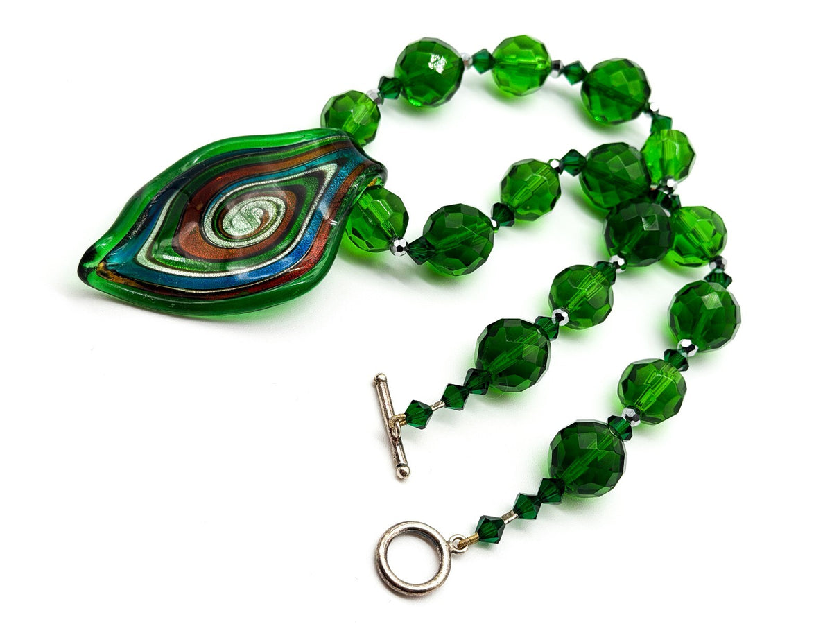 Murano Style Swirl Art Glass Pendant Necklace Green Crystal Glass Toggle Clasp