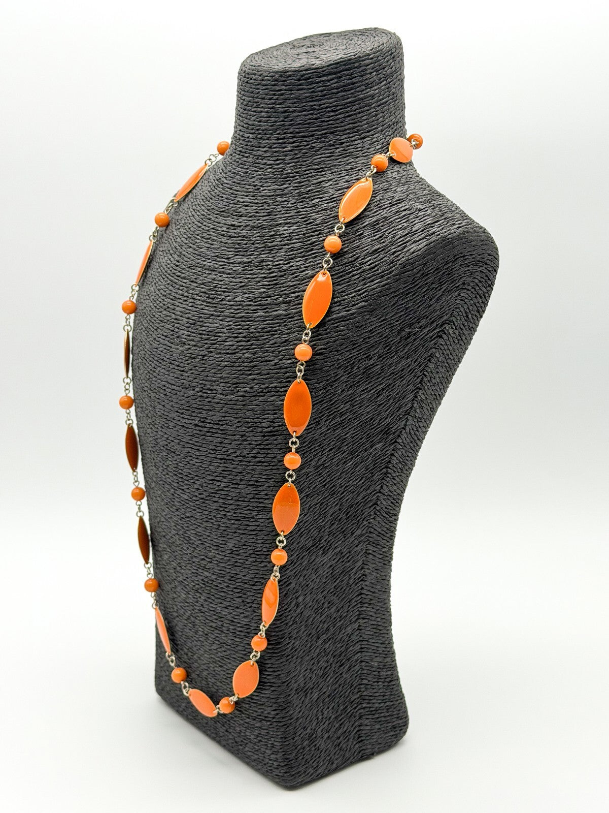 Retro Long Orange Acrylic Link Necklace Marquise Beads Silver Tone 31.5”