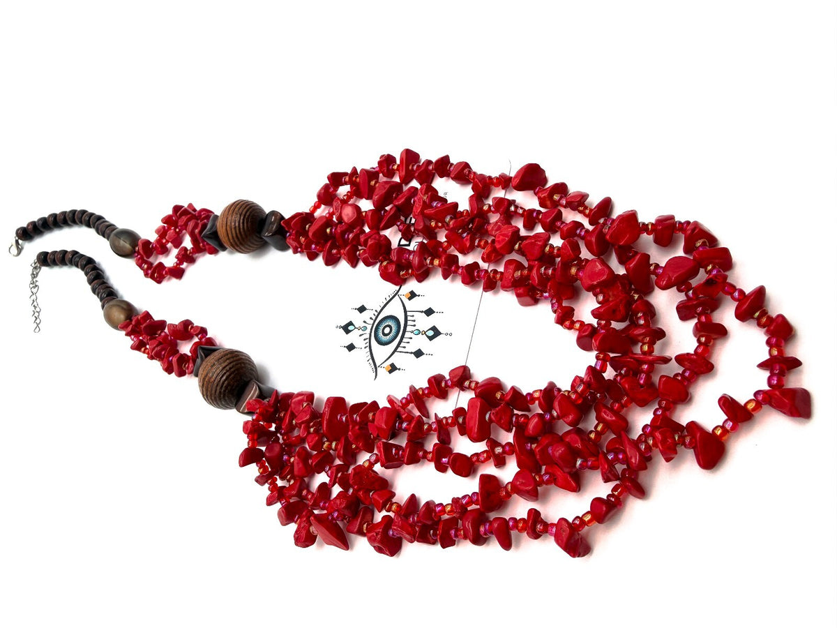 Red Coral Chip 5 Strand Necklace Wood Beads AB Glass Seed Beads 26” Statement