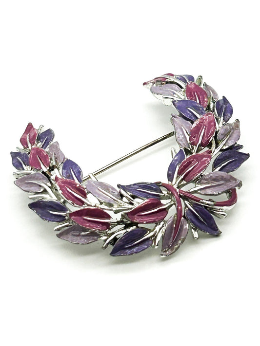 Vintage Coro Jewelcraft Purple Enamel Laurel Leaf Wreath Brooch Silver Tone Pin