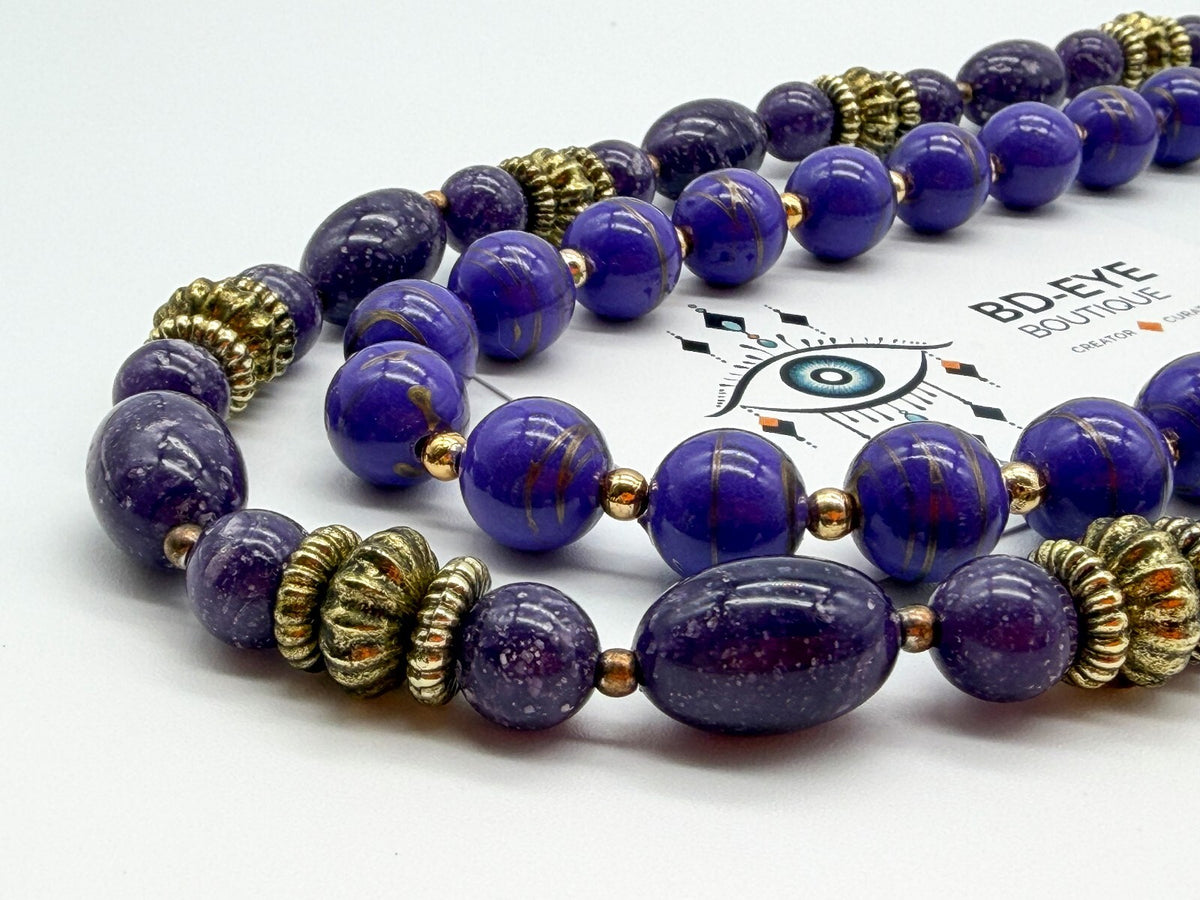 Vintage Purple Marbled Acrylic Bead Necklaces Gold Swirl Beads Necklace Duo