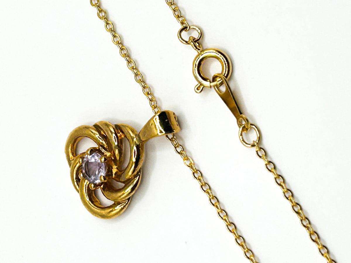 Amethyst Gemstone Swirl Pendant Necklace Gold Tone Fine Chain 17.5”
