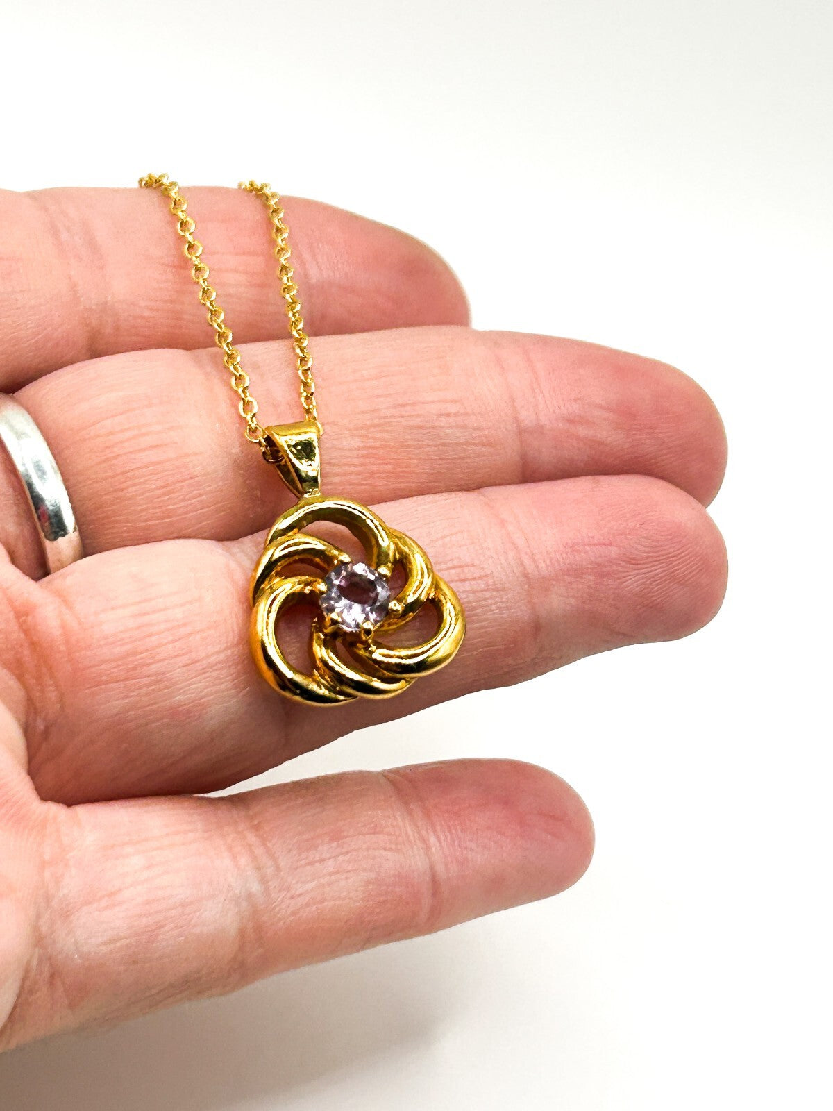 Amethyst Gemstone Swirl Pendant Necklace Gold Tone Fine Chain 17.5”